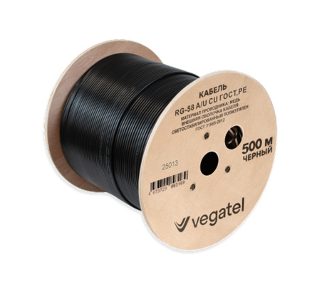 Кабель коаксиальный VEGATEL RG-58 A/U Cu (ГОСТ, PE, черный) бухта 500м