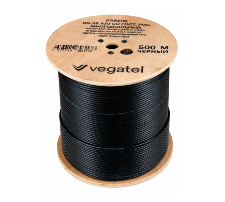 Кабель коаксиальный VEGATEL RG-58 A/U (ГОСТ, PVC, черный) бухта 500м